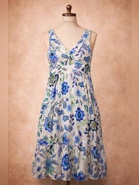 NWT Zara Dress 100% Cotton Blue Floral Dress Small S Sleeveless Maxi Tie Back